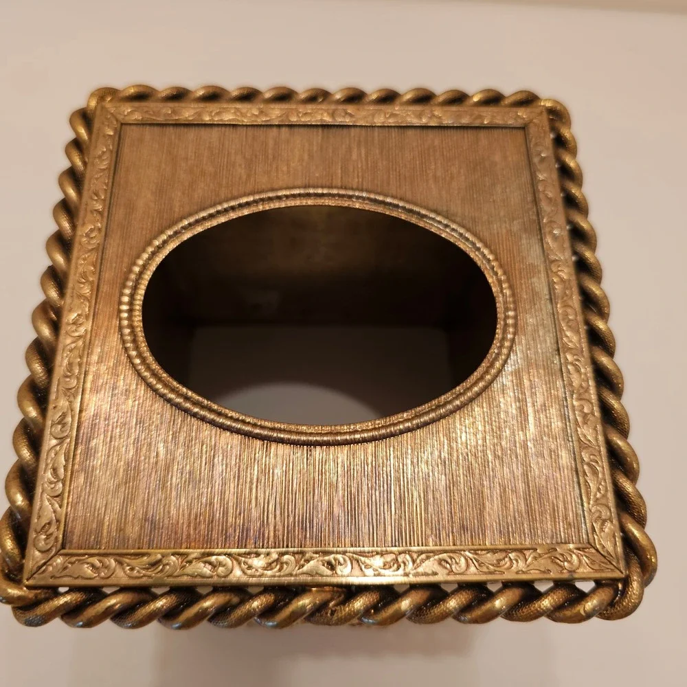 Vintage Stylebuilt Gold Metal Tissue Box Cover Tassel Rope Hollywood Regency MCM